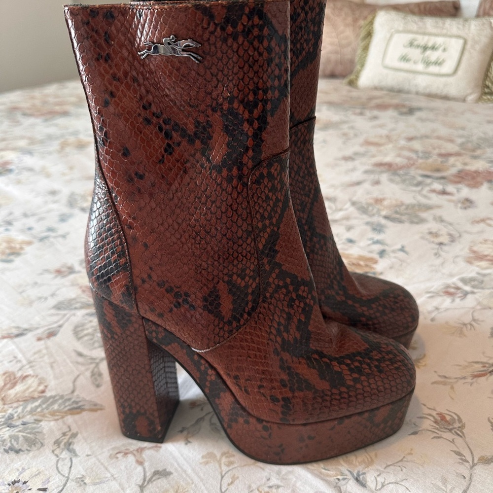 Longchamp Brown Snakeskin Heeled Ankle Boots 7 1/2 NWT